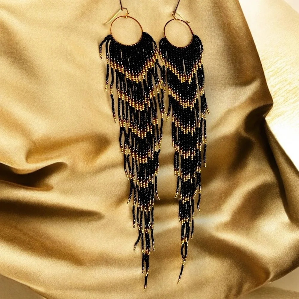 Black and Gold Glass Beaded Chandelier Earrings with Cascading Feather Design - Picture 9 of 17